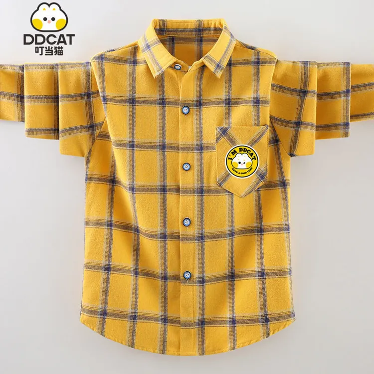 叮当猫男童衬衫长袖纯棉2025春秋新款洋气中大童男孩格子衬衣外套