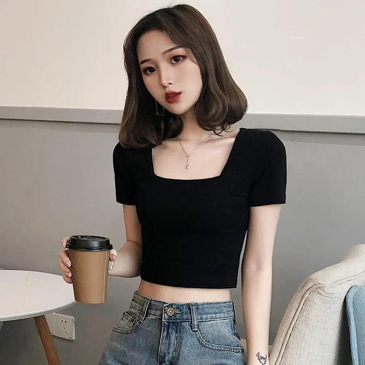 短袖t恤女夏季方领紧身短款显瘦小众露脐别致上衣小个子纯色百搭