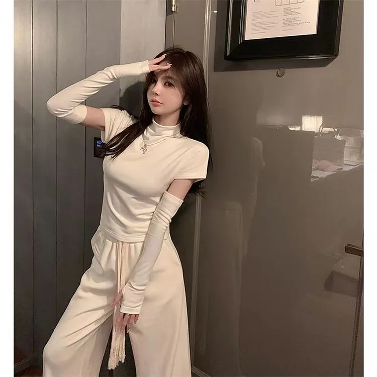 2025洋气爆款半高领无袖+袖套螺纹加厚T恤时尚修身显瘦百搭打底衫