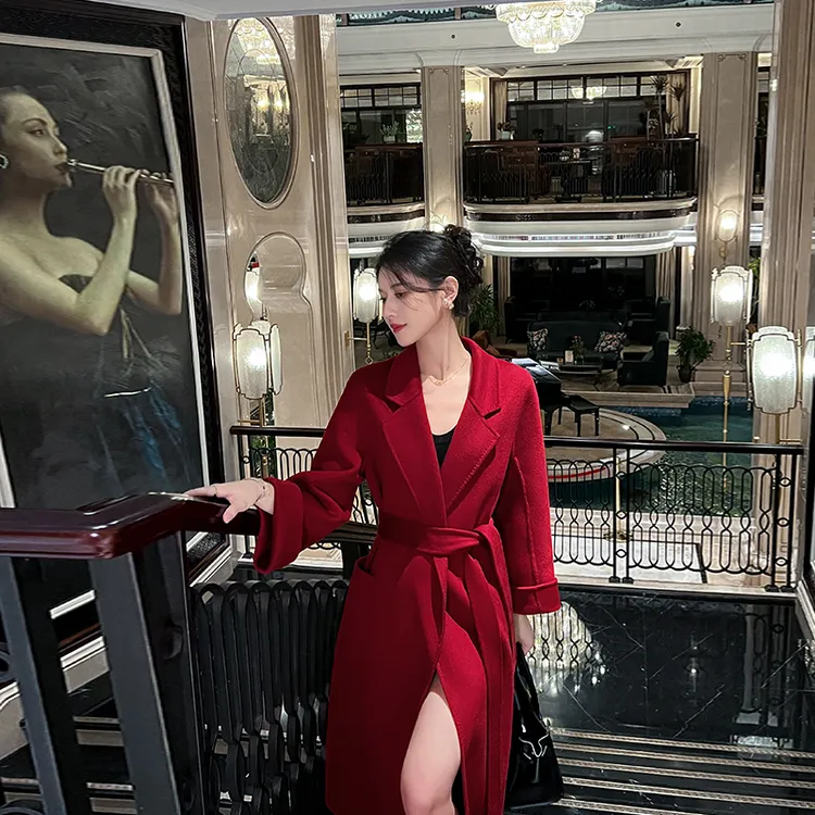 红色高级感双面羊绒大衣女2025秋冬新款韩系高端结婚气质毛呢外套
