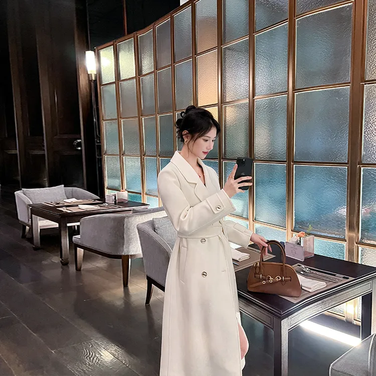 高端白色双面羊绒大衣女2025秋冬新款大牌气质经典双排扣毛呢外套