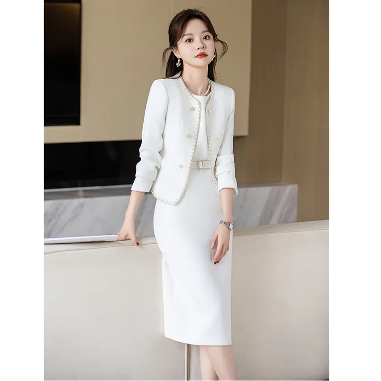 白色小香风西装套装女春秋2025新款高端时尚气质收腰连衣裙两件套