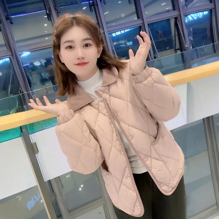 8802三防面料不跑棉百搭显瘦拼接短款菱形格冬季棉服外套