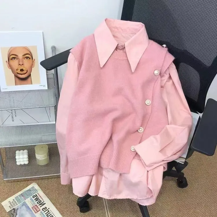 套装女2025春秋新款日系温柔风宽松软糯针织马甲气质百搭长袖衬衫