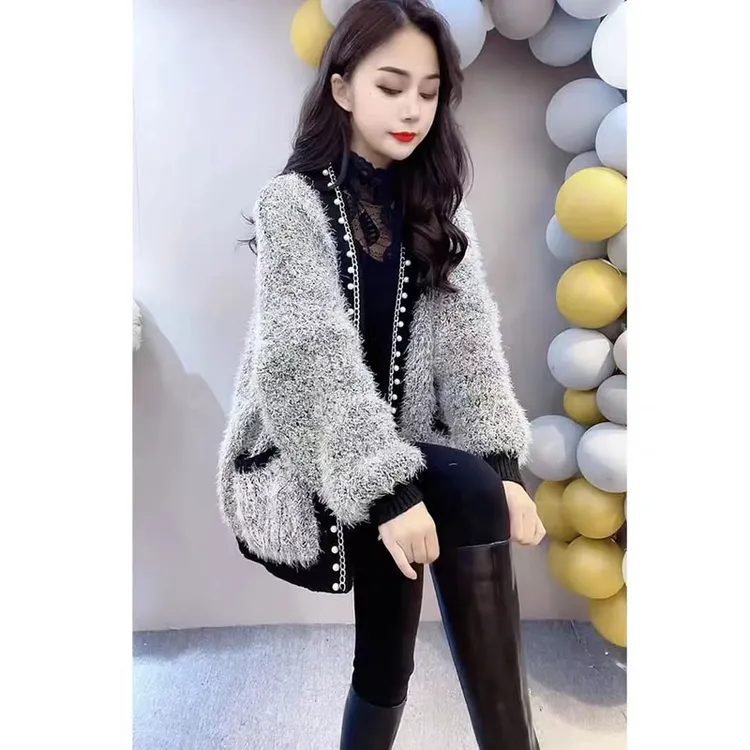欧洲站钉珠亮丝水貂绒2025慵懒风开衫外套女秋冬宽松V领针织上衣