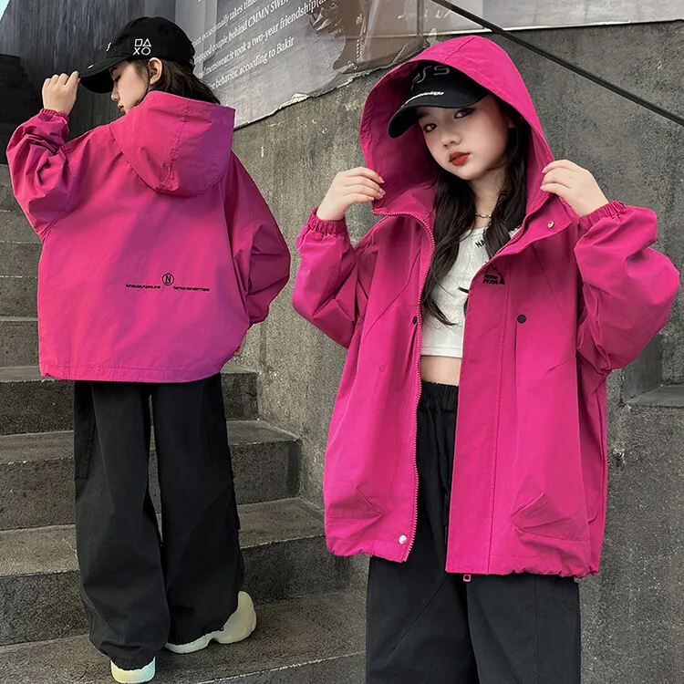 女童户外冲锋衣休闲外套韩版春秋纯色女童中大童防风秋冬潮流新款