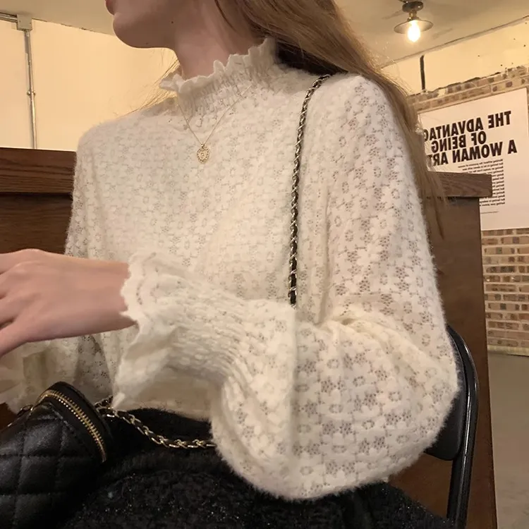 半高领磨毛加绒蕾丝打底衫女秋冬洋气内搭小衫高端时尚网纱上衣潮