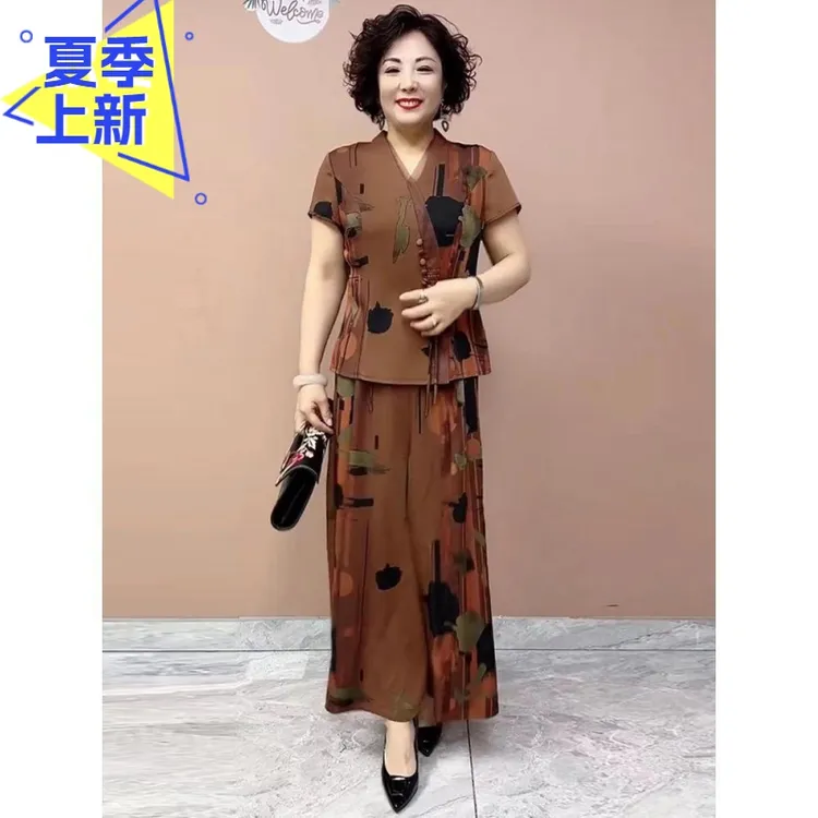 H夏季新款阔太太中老年时尚休闲套装印花大码衬衫阔腿裤两件套装