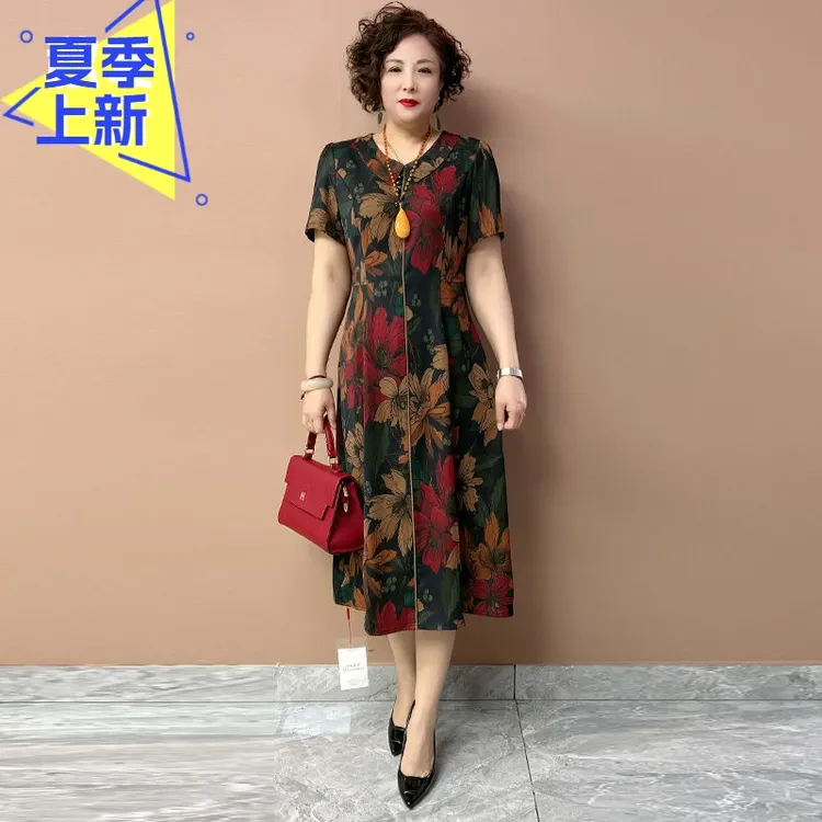 H夏季新款桑蚕丝连衣裙中老年妈妈装娃娃领短袖显瘦碎花中长裙子