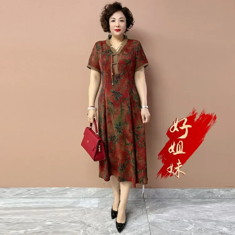 H夏季新款高档桑蚕丝新中式妈妈连衣裙收腰显瘦洋气中长旗袍裙子