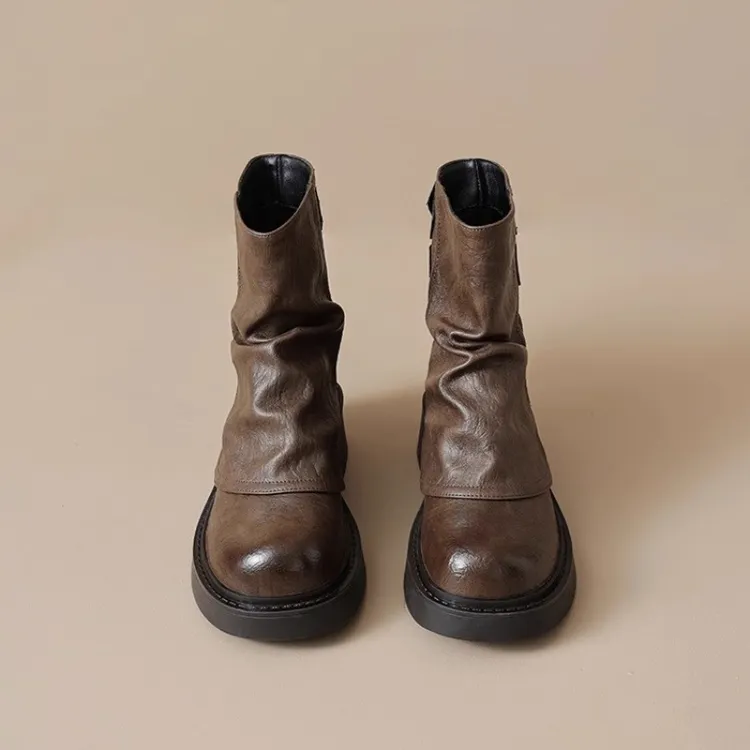 2025短靴女年秋冬季新款春秋厚底棕色裤管单靴骑士中筒短靴子女靴