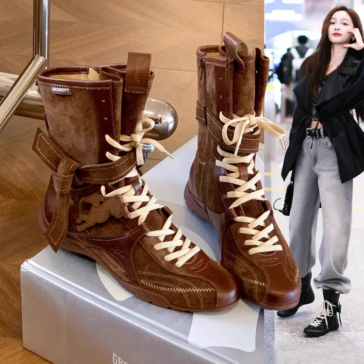 吴宣仪同款拳击靴子马丁靴女款小众西部短靴圆头中筒靴骑士靴厚底