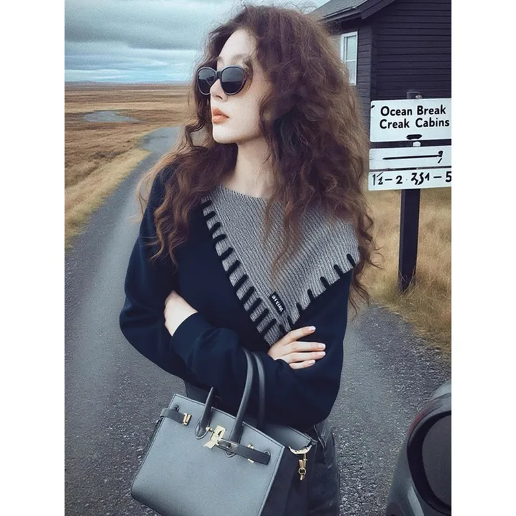 美式复古不规则假两件长袖上衣设计感秋冬独特修身撞色拼接卫衣女