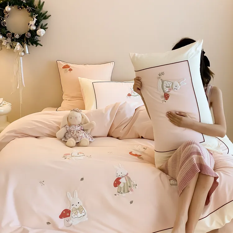 卡通风加厚全棉磨毛四件套蘑菇兔加厚纯棉女孩秋冬1.2m床上四件套