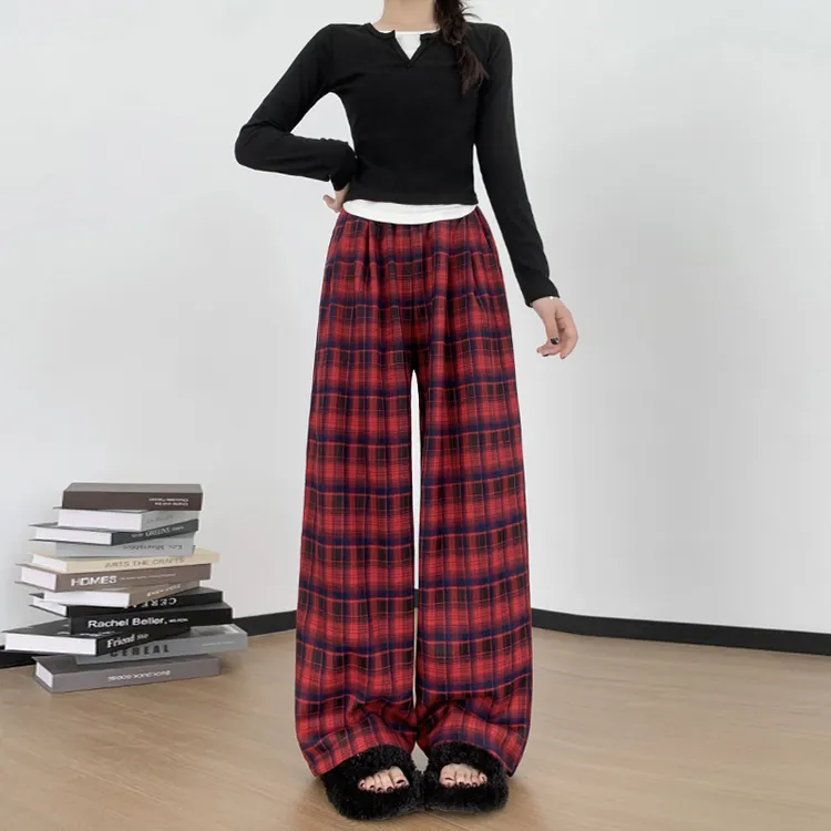 美式复古格子直筒裤女秋季新款慵懒宽松显瘦百搭磨毛垂感阔腿裤子