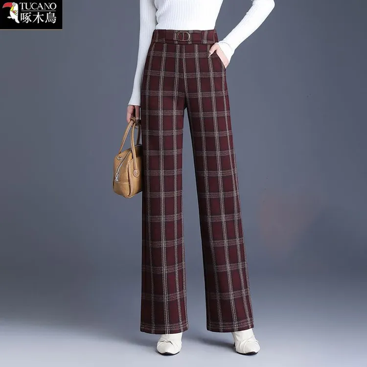 啄木鸟新款拼接撞色休闲裤女毛呢格子裤2025年秋冬加绒保暖阔腿裤