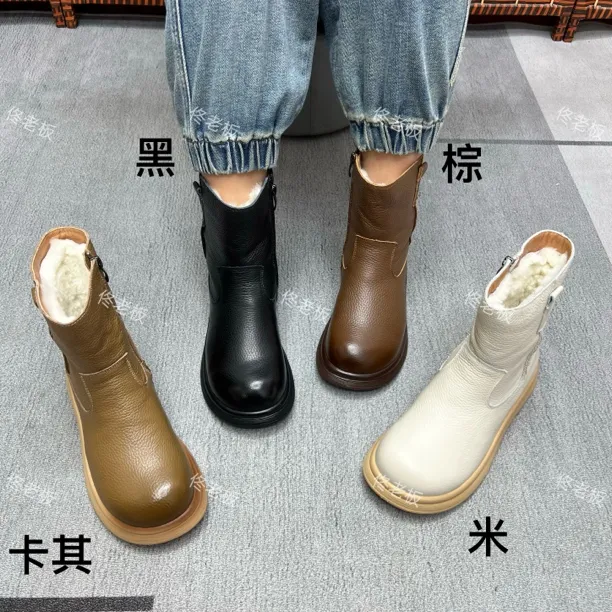 51018 牛皮羊毛厚底时尚简约百搭复古短靴马丁靴