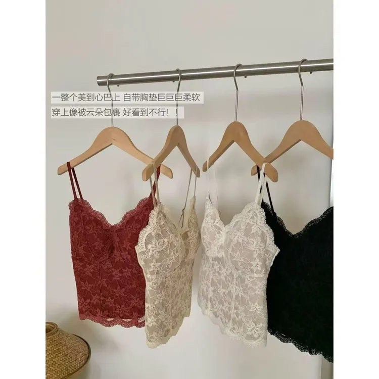 曼曼【古蕾日记】纯欲V领蕾丝磨毛吊带背心女