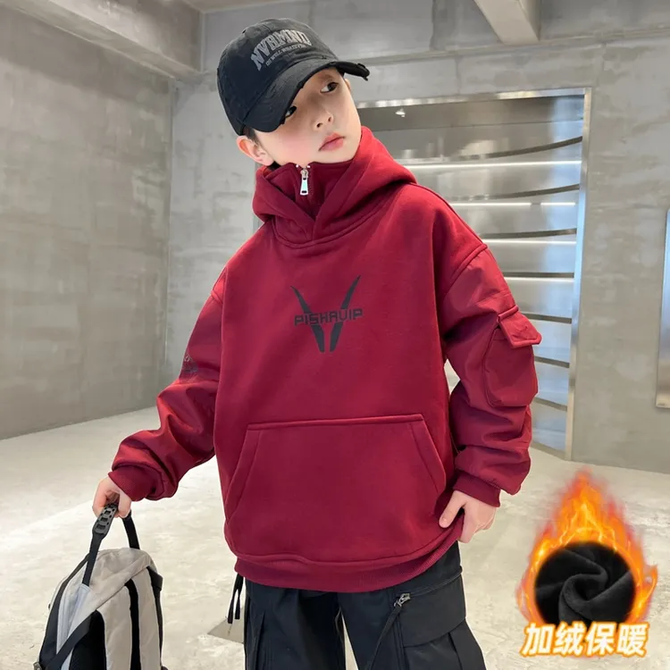 男童儿童冬季连帽卫衣潮酷痞帅新款秋冬装中大童加绒加厚男孩上衣