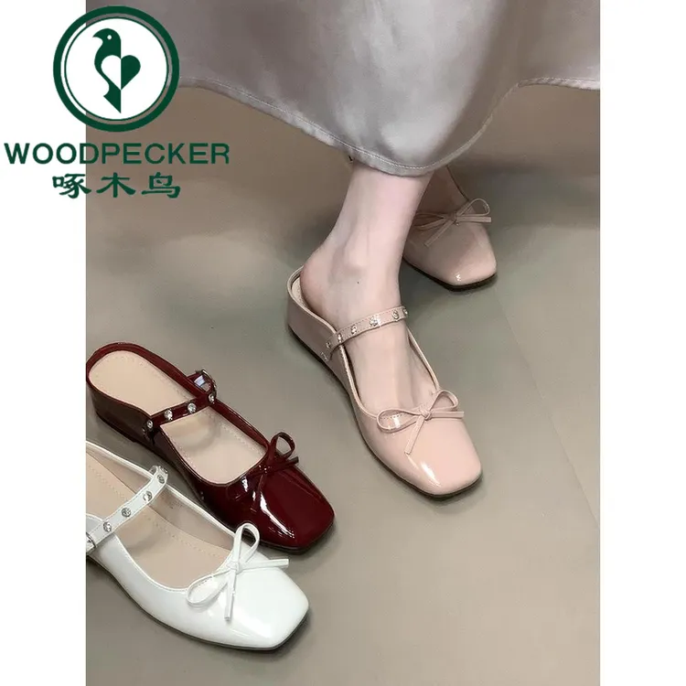 啄木鸟内增高蝴蝶结包头半拖鞋女2025甜美外穿浅口水钻带玛丽珍鞋