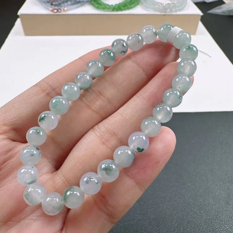 天然A货翡翠卡7mm老坑糯冰种水润飘花圆珠单圈女士手串
