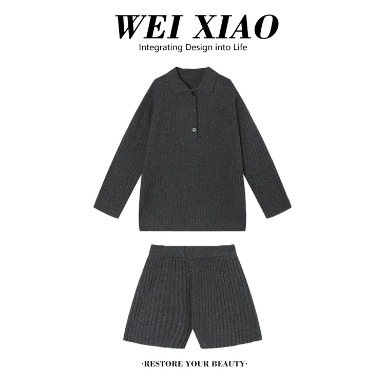 2025秋冬新款慵懒风极简立体竖坑条POLO领修身针织直筒短裤两件套