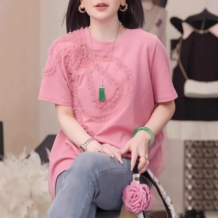 大码女装绝美蝴蝶结蕾丝短袖T恤2025夏季法式网纱拼接圆领上衣