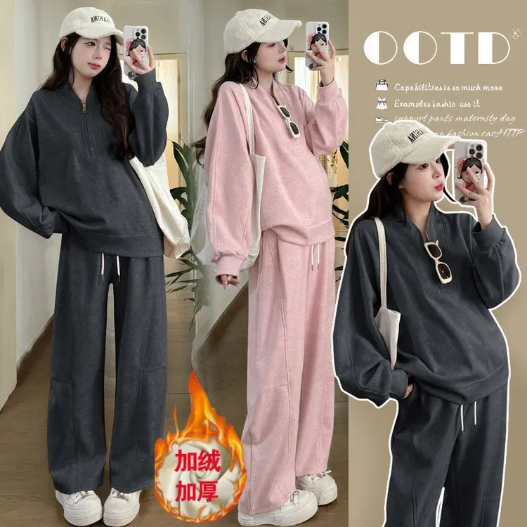 2025新款时尚孕妇秋冬加绒慵懒风休闲卫衣宽松洋气弯刀裤孕妇套装