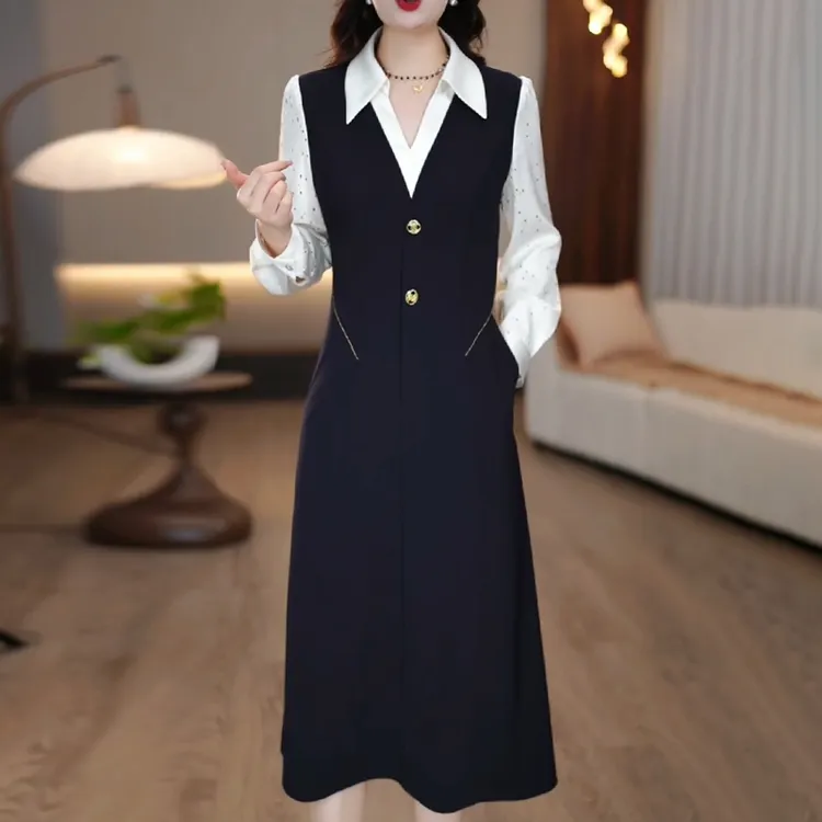 1220#假两件连衣裙女春夏新款衬衫领显瘦气质百搭裙子