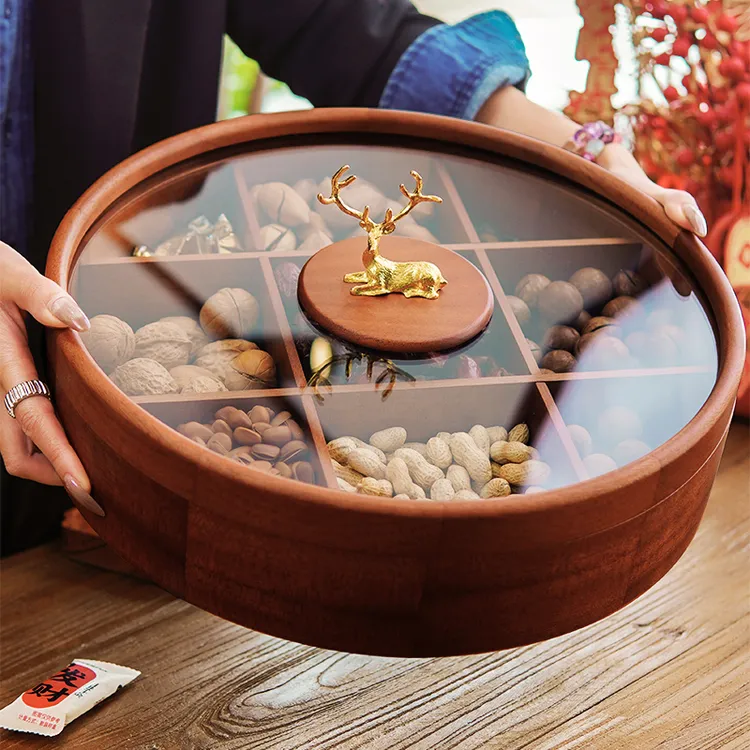 【新年摆件】麋鹿九宫格圆形可旋转果盒胡桃木实木干果盒糖果盒