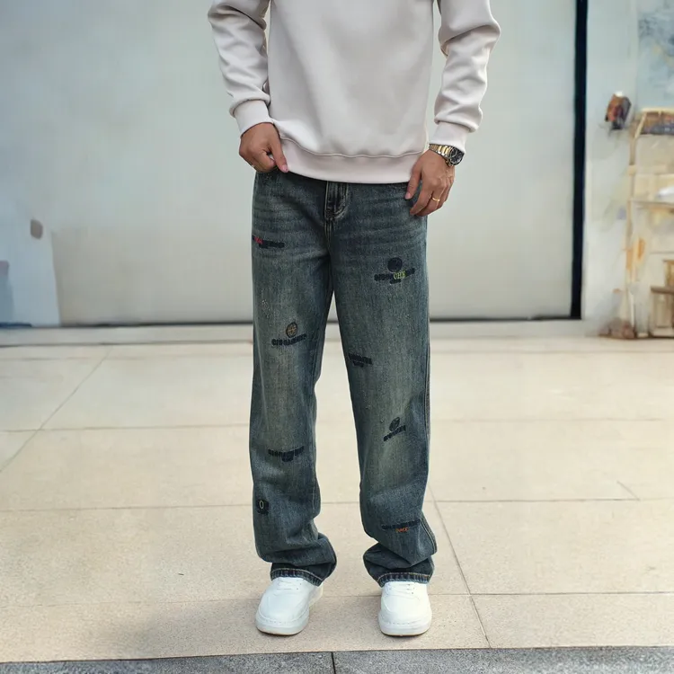 美式潮牌字母刺绣宽松直筒牛仔裤男款高街潮流痞帅男生百搭牛仔裤