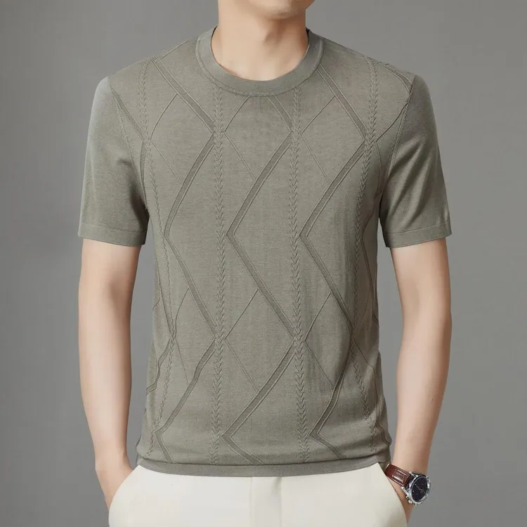 2025新款夏季蚕丝男士圆领重工天丝提花休闲百搭短袖上衣半袖针织