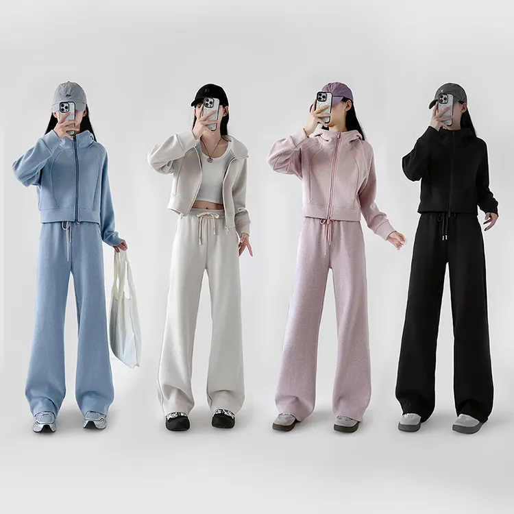 秋冬长袖时尚宽松休闲运动套装卫衣户外加绒韩版女士运动连帽外套