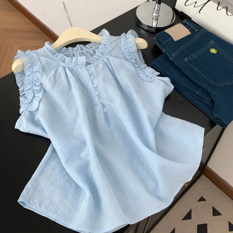2025夏韩系气质荷叶边无袖背心衬衫女独特绝美小衫设计感宽松上衣