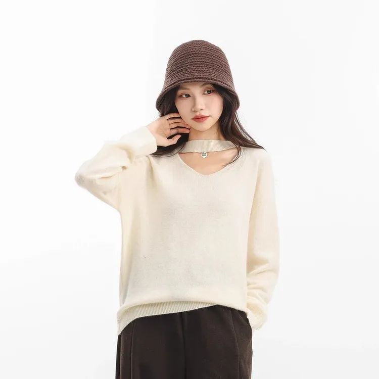 套头杏色v领打底毛衣女2026冬季新款宽松慵懒针织衫百搭秋冬毛衣