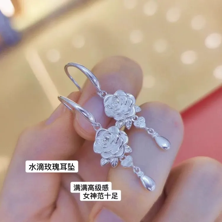 足银耳饰 足银精工实心玫瑰花耳环0390