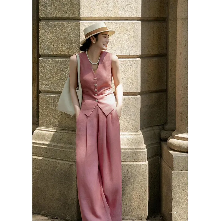 高级感干枯玫瑰粉老钱风棉麻马甲时尚套装慵懒风阔腿裤长裤两件套