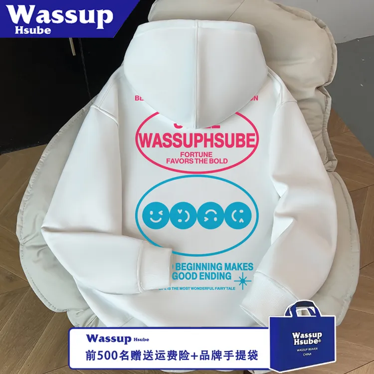 WASSUP HSUBE潮流印花长袖宽松情侣彩色几何字母拉链秋冬连帽上衣