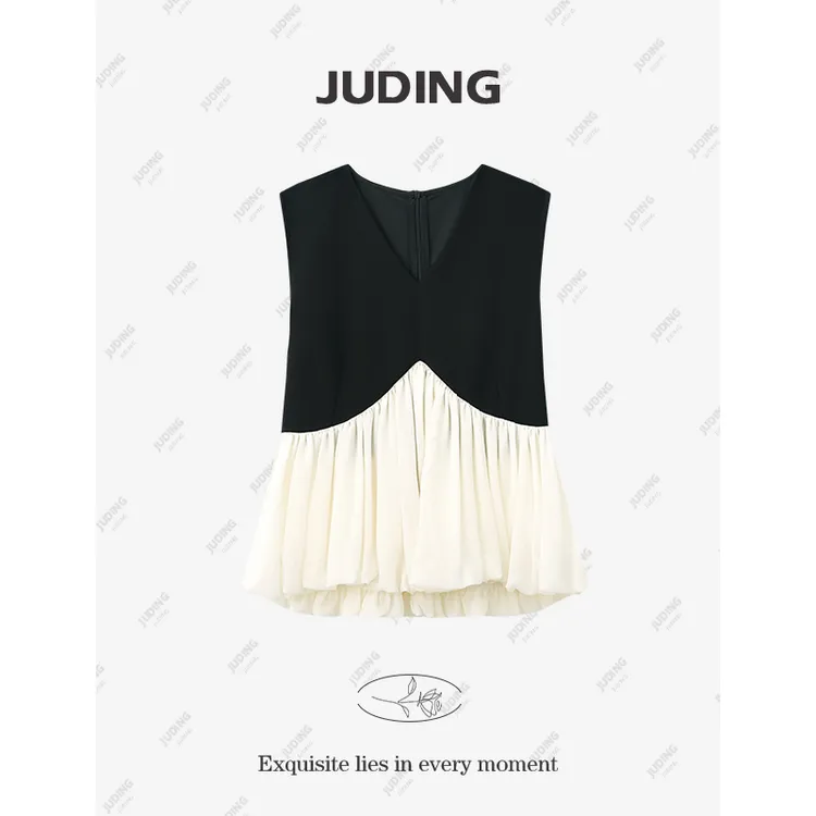 【贵气千金】法式拼接V领无袖T恤女2025新款气质设计感百搭上衣8365