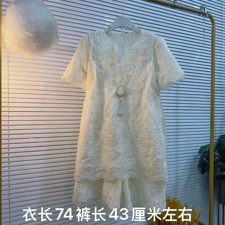 胖MM夏季新款2025套装新款蕾丝重工工艺复古轻奢风格两件套