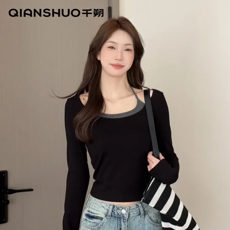 千朔秋冬韩版吊带假两件大u领显瘦长袖正肩t恤百搭高腰设计感