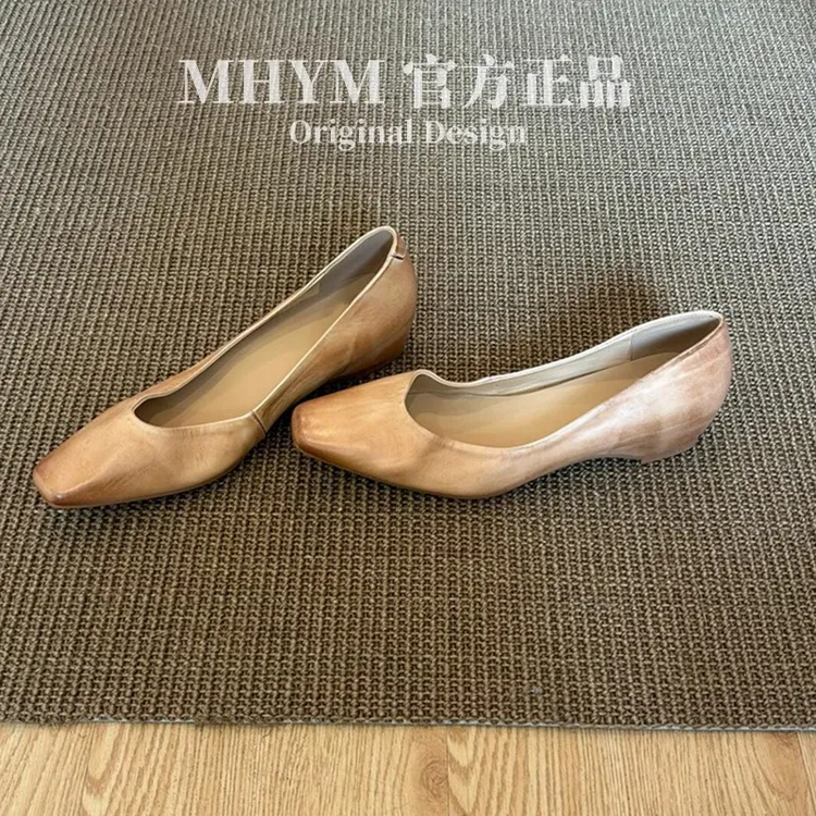 MH官方复古文艺风内增高真皮浅口单鞋女简约方头百搭通勤工作鞋