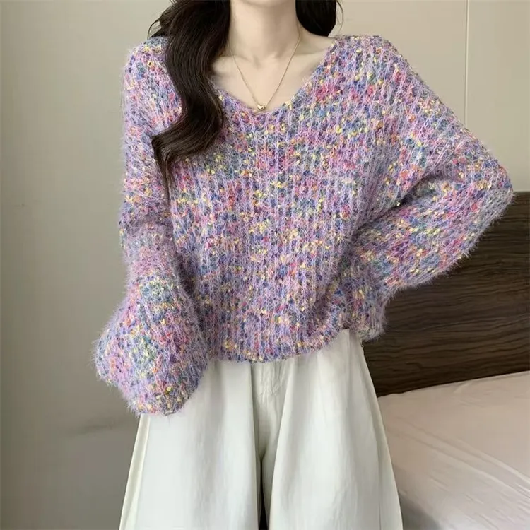 慵懒风彩色V领套头毛衣女新款温柔彩点宽松百搭爆款针织衫上衣女