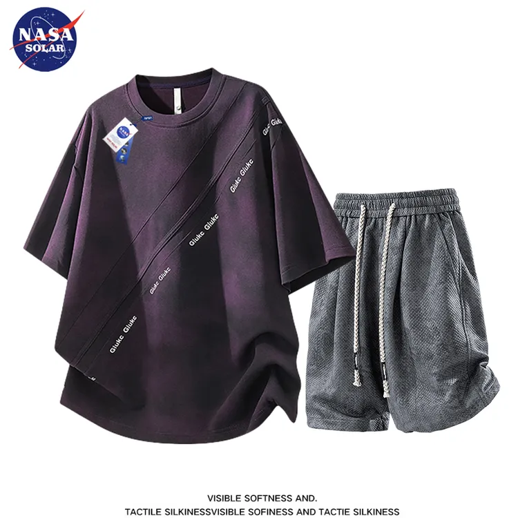 NASA SOLAR男士大码冰丝透气短袖套装夏季新款痞帅高街T恤两件套