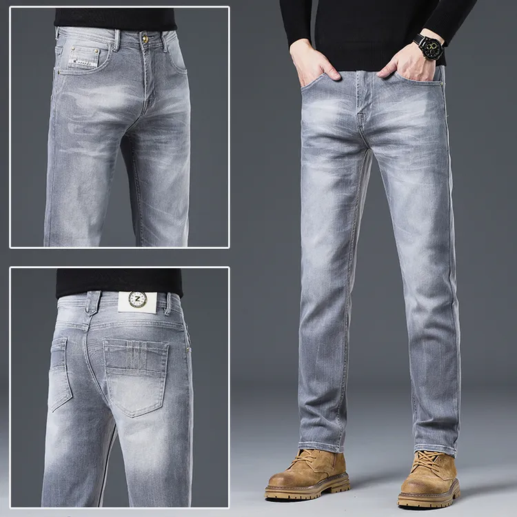 2025新款星空灰男士牛仔裤高端修身直筒裤重磅水洗弹力休闲长裤子