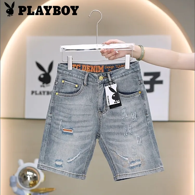PLAYBOY/花花公子夏季薄款男士修身破洞冰感透气百搭牛仔短裤