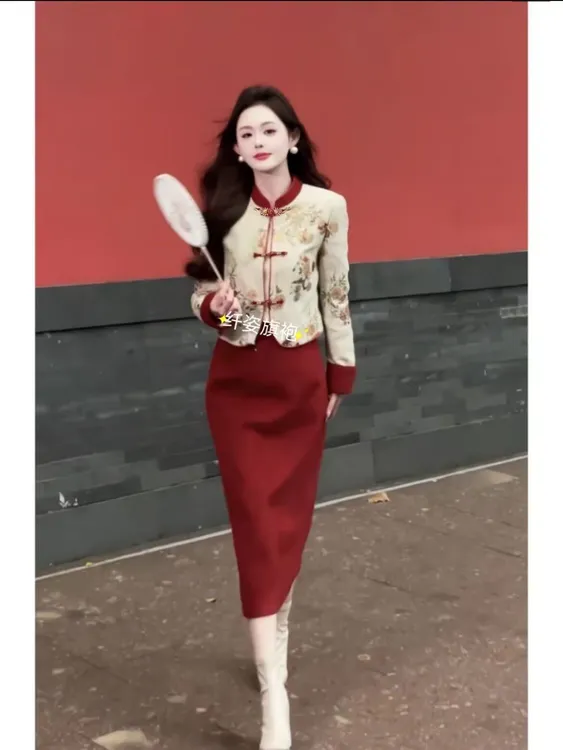 旗袍套装女春秋两件套外套红色盘扣新中式喜妈妈气质国风复古穿搭