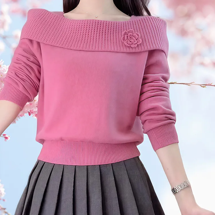 秋冬季爆款法式气质一字肩立体花朵荷叶边高级针织毛衣显瘦打底衫