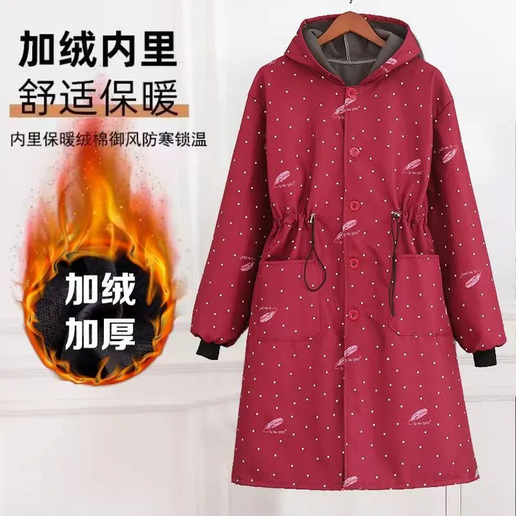 时尚带帽收腰加厚加绒防水罩衣长袖围裙保暖防寒系扣正穿衣工作服