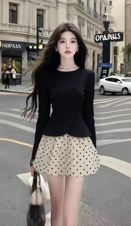 秋季新款法式小香风黑色圆领长袖修身不规则上衣+波点百搭半身裙